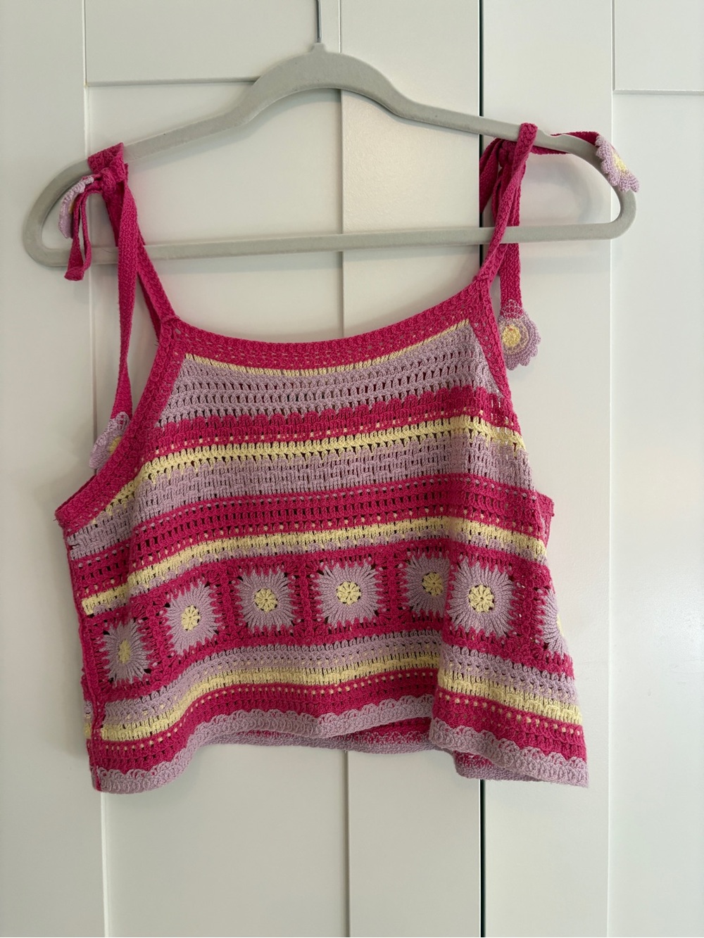 Crochet Stripe Tie-Shoulder Crop Top in Pink